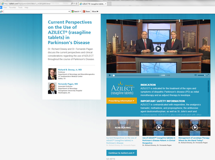 A screenshot of a news broadcast on a computer screen. The screen is divided into two sections. On the left side of the screen there is a title that reads "Current Perspectives on the Use of anilest (rosaniline tablets) in Parkinson's Disease". Below the title there are three images of three men sitting at a desk in front of a TV screen. The first image on the top left shows a man in a suit and tie who appears to be a news anchor. He is looking at the camera with a serious expression on his face. The second image in the middle shows a news reporter sitting at the desk with a microphone in his hand. The third image shows a group of people sitting in a conference room with a city skyline in the background. At the bottom right corner of the image there has a blue banner with the anilest logo and the words "Important Safety Information" in white text. There is also a button that says "Continue" at the bottom of the banner.