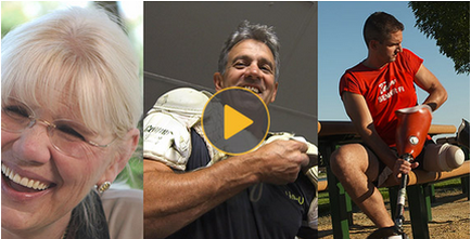 A collage of three photos. On the left side there is a close-up of a woman with blonde hair and glasses smiling at the camera. She appears to be in her late 60s or early 70s. In the middle there are two men one older and one younger sitting on a bench and laughing. The older man is holding a baseball bat and the younger man is wearing a red t-shirt and shorts. They appear to be outdoors with trees and a blue sky in the background. There is a yellow play button in the center of the image.