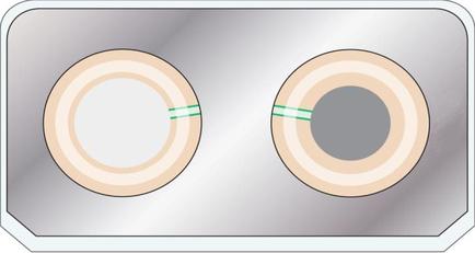 Two circular objects one on the left and one in the center on a gray background. The objects appear to be made of a light-colored material possibly rubber or a similar material. The left object is a beige-colored circle with a thin green line running through it while the right object is an oval-shaped object with a gray circle in the middle. Both objects are positioned side by side with the left object slightly overlapping the right one. The image is in a hexagonal shape with a white border around the edges.