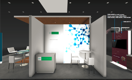 A modern exhibition stand with a white and blue color scheme. The stand has a wooden ceiling with recessed lighting and a large screen on the right side. On the left side of the stand there is a white reception desk with a green sign that reads "Welcome to the exhibition". There are two white chairs and a small table in front of the desk. In the background there are two large screens displaying information about the exhibition. The overall design of the booth is minimalist and modern.