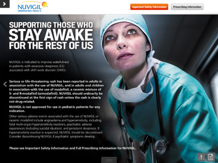 A screenshot of the homepage of a website called vigil. The website has a blue and white color scheme with the logo of the company on the top left corner. On the right side of the page there is a photo of a nurse wearing a green scrub suit and a stethoscope around her neck. She is looking up at the camera with a serious expression on her face. The text on the page reads "Supporting those who stay awake for the rest of us" and "Important Safety Information". Below the photo there are two buttons - "Prescribing Information" and a "Please see Important Safety Information and Full Prescription Information" button.