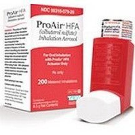 A red-colored box of ProAir HFA (Chlorine-free) inhalation atomizer. The box is rectangular in shape and has a white label with black text. The label has the product name and description in large bold letters. The product name is written in smaller black letters at the top of the box. Below the brand name there is a description of the product which states that it is a 200ml bottle with a white cap. The bottle is placed next to the box which is also red in color. The background is white.