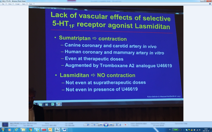 A slide from a presentation on the lack of vascular effects of selective 5-HT receptor agonist Lasmiditan. The slide has a blue background with white text. The title of the slide is written in bold letters at the top. Below the title there is a subtitle that reads "Sumatriptan = contraction - Canine coronary and carotid artery in vive - Human coronary and mammary artery in nitro - Even at therapeutic doses - Augmented by trombone A2 analogue U46619 - Lasmiditian = NO contraction - Not even at supratherapeutic doses - Not in presence of U46619". The slide appears to be from a conference or presentation as there are several icons at the bottom of the screen.