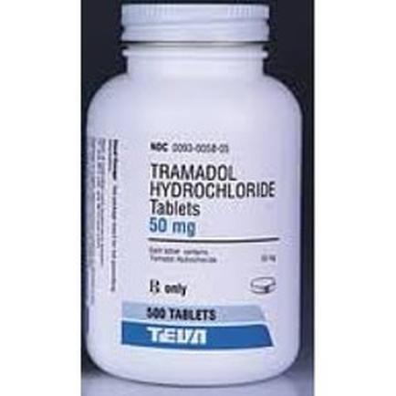 Of a white plastic bottle with a blue label. The label has the brand name "Tramadol Hydrochloride Tablets" written in bold black letters at the top followed by the product name "50 mg" in smaller black letters. Below that there is a description of the product which states that it is a 50 mg tablet. The bottle has a white cap and is placed on a black background. At the bottom of the label it says "500 tablets" in blue letters indicating that the bottle contains 500 tablets.