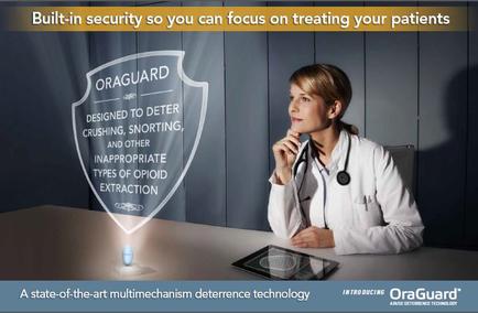 A young woman wearing a white lab coat and a stethoscope around her neck sitting at a desk with a tablet in front of her. She is looking up at the tablet screen with a thoughtful expression on her face. On the left side of the image there is a shield with the text "outguard" and "Designed to Deter Crushing Snorting and Other Inappropriate Types of Opioid Extraction" written on it. The background is dark and the text on the image reads "Built-in security so you can focus on treating your patients". This suggests that the image is promoting the use of outguard a state-of-the-art multimechanism deterrence technology.