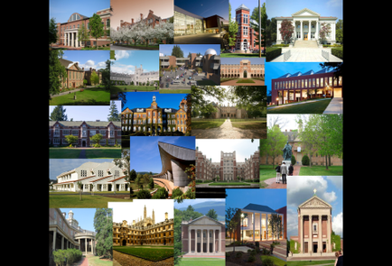 A collage of multiple photographs of different types of buildings and structures. The photographs are arranged in a grid-like pattern with each photograph overlapping the one below it. The first photograph on the top left shows a large brick building with a red roof and white columns. The building appears to be a college or university campus with a large courtyard and a fountain in the center. The second photograph in the top right shows a two-story building with white columns and a blue sky in the background. The third photograph is a close-up of a park or garden with trees and greenery. The fourth photograph is of a large white building with columns and arches and the fifth photograph is from the bottom left corner of the collage. The sixth photograph is taken from the top center of the image showing a group of people walking around the park. The seventh photograph is in the bottom right corner showing two large buildings with columns one with a dome-shaped roof and the other with a curved roof. The eighth photograph is on the bottom center with two smaller buildings on either side of the dome. The ninth photograph is at the bottom of the grid with three smaller buildings in the foreground.