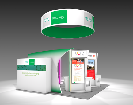 A 3D rendering of a trade show booth with a green and white color scheme. The booth has a circular design with the word "Oncology" written in green on the top left corner. Below the word there is a banner with the company's logo and contact information. The booth is divided into two sections with the left side having a white background and the right side having an orange background. The left side of the booth has the company name "Core" written on it in black text. The right side has a red and white banner with a picture of a person and some information about the company. There is also a white booth with the same company name and logo on it. The background is a light grey color and the booth is set up on a gray floor. The overall design is modern and professional with a clean and modern look.