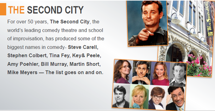 A collage of six photos of the cast members of the comedy show "The Second City." On the left side of the image there is a title that reads "For over 50 years The Second City the world's leading comedy theatre and school of improvisation has produced some of the biggest names in comedy - Steve cavell Stephen Colbert Tina Fey Key & Peele Amy peeler Bill Murray Martin Short Mike Meyers - The list goes on and on." On the top right corner there are two photos of a man pointing at the camera with a serious expression on his face. The man is wearing a black suit and tie and is standing in front of a building with ornate details. The building appears to be a theater or a theater marquee. The background is white and there are pink flowers in the foreground.
