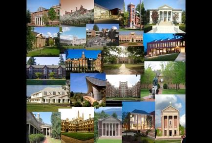 A collage of multiple photographs of different types of buildings and structures. The buildings are arranged in a grid-like pattern with each photograph overlapping the one below it. The first photograph on the top left shows a large brick building with a dome on top surrounded by trees and greenery. The second photograph in the top right shows a two-story building with columns and a clock tower. The third photograph is of a large courtyard with a fountain in the center. The fourth photograph is a close-up of a park with trees and a blue sky. The fifth photograph is from the bottom left corner of the collage showing a large building with multiple levels and a curved roof. The sixth photograph is taken from the top center of the image looking down on the courtyard. The seventh photograph is in the bottom right corner showing two large buildings with columns one with a pediment and the other with a gazebo. The eighth photograph is on the bottom center looking up at the sky.