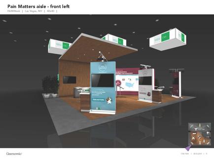 A 3D rendering of a trade show booth. The booth has a wooden exterior with a sloping roof and a large screen on the front left side. There are two white boxes on either side of the booth one with a green logo and the other with a white logo. On the right side there is a desk with a computer monitor and a chair. In the background there are several other booths with different designs and colors. The overall atmosphere of the image is modern and professional.