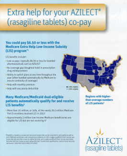 An advertisement for anilest (rosaniline tablets) co-pay. It has a blue background with a map of the United States on the right side. The map is color-coded to show the percentage of people who have received the medication. On the left side of the image there is text that explains that the medication offers $6.50 or less with the Medicare Extra Help Low-Income Subsidiary (LIS) program. At the bottom of the advertisement there are several bullet points that explain the benefits of the program. The text also mentions that many Medicare/Medicaid dual-eligible patients automatically qualify for aid receive LIS benefits. The advertisement also mentions the company's logo and contact information.
