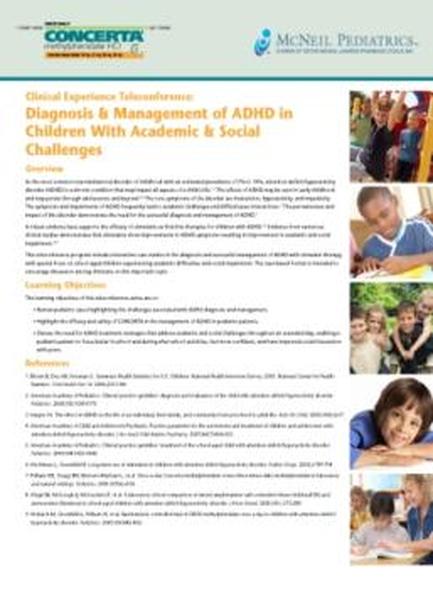 A cover page of a document titled "Diagnosis & Management of add in Children With Academic & Social Challenges". The title is written in bold black font at the top of the page. Below the title there is a subtitle in smaller black font that reads "Clinical Experience Telehealthcare". On the right side of the cover page there are three smaller images. The first image on the top right corner shows a group of children in a classroom smiling and looking at the camera. The second image in the bottom left corner shows two children sitting at a desk one of them is holding a book and the other is looking at a laptop. The third image is of a young girl with brown hair and a blue shirt. The background of the image is white and the text is in black font.