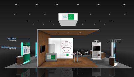 A 3D rendering of a trade show booth. The booth has a modern design with a wooden floor and a white wall. On the left side of the booth there is a large screen displaying information about the booth's features. On the right side there are two smaller screens displaying the same information. In front of the screens there appears to be a desk with a computer monitor and a chair. Behind the desk there seems to be another booth with a desk and a computer. At the top of the image there has a green and white sign with the logo of a company called "CNS". The sign also has the company's name and contact information. The background is black making the booth stand out.