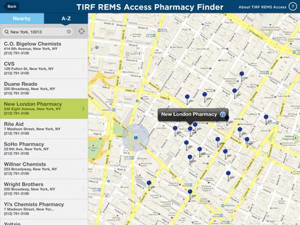 This is a screen cap from the TIRF REMS Access Pharmacy Finder showing the results from a Nearby search for New York 10013. The New London Pharmacy located at 246 Eighth Avenue is highlighted. 8 other pharmacies are visible in the results set table and about 20 pharmacies are pinned on the results set map.
