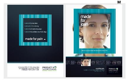 A brochure or flyer design for a company called "made for pain". The background of the brochure is black with a blue and white striped pattern. On the left side there is a text box with the company's logo and contact information. The text box is rectangular in shape and has a white background. On the right side of the image there are two panels. The first panel has a photo of a woman's face in the center. The woman has short brown hair and is looking directly at the camera with a serious expression. She is wearing a blue shirt and has her hair pulled back in a ponytail. The second panel has the same text box as the first panel. The title of the product is written in white text and is in a larger font size than the rest of the text box. Below the title it reads "Made for pain" in a smaller font size. The company's contact information is written below the title in white letters. The overall design is modern and professional with a clean and minimalist layout.