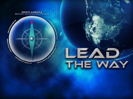 A digital graphic design that features a blue background with a globe on the right side. The globe is in the center of the image and is surrounded by a white circle with a compass rose in the middle. Around the compass rose there is text that reads "North America Brand Pharmaceuticals" and "Lead the Way". The text is in a modern sans-serif font and is in gold color. The overall design is simple and minimalist.