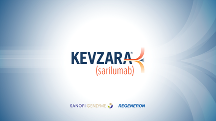 A logo design for a company called kevlar (sarilumab). The logo is written in a modern sans-serif font and is in orange and blue colors. The background is a light blue color with a wave-like pattern on the right side. On the left side there is a smaller text that reads "SANOFI enzyme" and "REGENERON". The overall design is simple and minimalist.