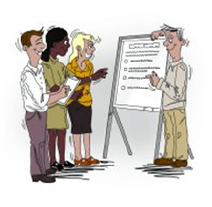 A group of four people standing in front of a whiteboard. On the left side of the image there is a man wearing a white shirt and a woman wearing a yellow shirt and black skirt. They are all smiling and appear to be engaged in a conversation. The man on the right side is standing next to the whiteboard and is pointing to it with his hand. He is wearing a beige shirt and khaki pants. The woman in the middle is holding a piece of paper and appears to be explaining something to the group. The background is plain white.