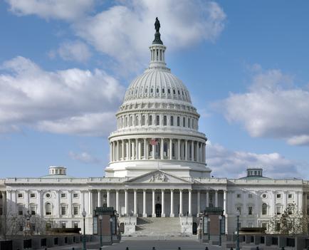 A photograph of the United States Capitol building in Washington DC. The building is a large white structure with a dome-shaped dome on top. The dome is topped with a statue of a man on a pedestal. The American flag is flying in front of the dome and the building is surrounded by columns and arches. The sky is blue with white clouds and there are trees and other buildings in the background. The image appears to have been taken from a distance looking up at the building.