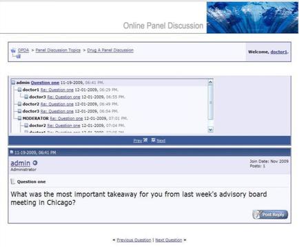 A screenshot of an online panel discussion page on a website. The page is titled "Online Panel Discussion" and has a blue header with the title "Welcome doctor". Below the header there is a form with fields for the user to enter their name date and email address. At the top of the page there are two buttons - "admit" and "admit". The "admit Question" button is highlighted indicating that the user is in the process of answering a question. The "What was the most important takeaway for you from last week's advisory board meeting in Chicago?" button is also highlighted. On the right side of the image there appears to be a post-reply button which is used to reply to the user's questions. The background of the screen is a light blue color with a world map in the top right corner.