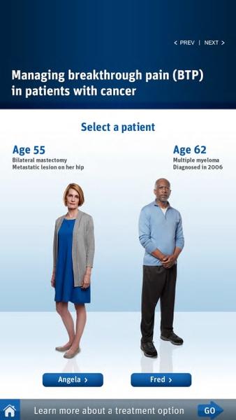 A screenshot of a mobile application called "Managing breakthrough pain (BTP) in patients with cancer". It shows two people a man and a woman standing side by side and looking at the camera. The woman is wearing a blue dress and a gray cardigan while the man is bald and wearing a light blue sweater. They are both standing in front of a white background. At the top of the image there is a blue banner with the text "Select a patient" in white text. Below the banner there are two buttons - "Age 55" and "Age 62". The first button is for "Bilateral mastectomy Metastatic lesion on her hip" and the second button is to "Multiple myeloma Diagnosed in 2006". There is also a "Learn more about a treatment option" button at the bottom of the screen.