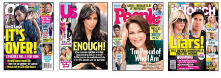 A collage of four magazine covers. Each cover has a different design and color scheme. The first cover on the top left has a photo of Kim Kardashian and kane West on the cover. The cover also has text that reads "It's over! Divorce No. 3 for Kim!" The second cover in the middle has a picture of Kim with long dark hair and a black top. The third cover has an image of a woman with blonde hair and sunglasses. The fourth cover has the cover of People magazine with the title "I'm proud of who I am" and the subtitle "Liar's". All the covers have a modern and stylish design with bright colors and bold text.