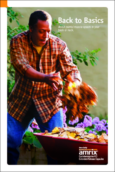 A man in a garden wearing a plaid shirt and blue jeans. He is standing in front of a red wheelbarrow filled with leaves and flowers. The man is holding a bunch of leaves in his hands and appears to be sorting through them. The background is blurred but it seems to be a garden with purple flowers and greenery. The image is accompanied by text that reads "Back to Basics: About painful muscle spasms in your back or neck."