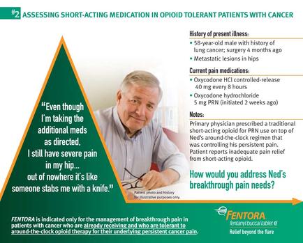 An idiographic that explains how to assess short-acting medication in opioid tolerant patients with cancer. It has a green triangle with a photo of a man sitting at a desk and smiling at the camera. The text on the right side of the image reads "Assessing Short-Acting Medication in Opioid Tolerant Patients with Cancer" and on the left side there is a note that reads "Even though I'm taking the additional mess as directed I still have severe pain in my hip. Out of nowhere it's like someone stabs me with a knife." The idiographic also includes information about the history of present illness current pain medications and how to address Ned's breakthrough pain needs. The background is white and the text is in black.
