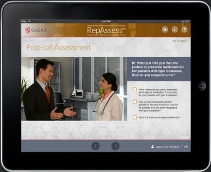 A screenshot of a post-call assessment app on an iPad. The app is titled "reassess" and has a white background with orange and yellow accents. On the left side of the screen there is a photo of a man and a woman in an office setting. The man is wearing a suit and tie and is holding a clipboard while the woman is wearing an apron and a stethoscope around her neck. They are both smiling and appear to be engaged in a conversation. On the top right corner there are two buttons - "Post-call Assessment" and "Dr. Paul Just told you that she prefers to prescribe medication for her patients with type II diabetes. How do you respond to her?" Below the buttons it says "What do you expect to receive?" and "What is the purpose of the assessment?" There is also a text box below the photo that explains the purpose and how to respond to the assessment.