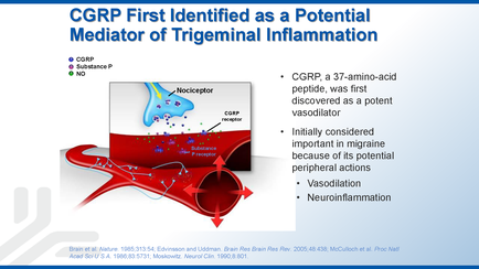 A diagram that explains the concept of carp (carp) first identified as a potential mediator of trigeminal inflammation. The diagram is divided into two sections. On the left side of the image there is a red blood vessel with a blue blood vessel in the center. The blood vessel is labeled "acceptor" and has a red arrow pointing towards it. On the right side there are two red blood vessels one labeled "Vasodilation" and the other labeled "Neuroinflammation". The image also has text that explains that corps a 37-amino-acid peptide was first discovered as a potent vasodilator. Initially considered important in migraine because of its potential peripheral actions vasodilation and neuroinflammation. There is also a label on the top left corner that reads "corps Substance P" and "No". This indicates that the image is related to the study of the study.