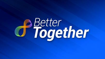 A graphic design with a blue background. In the center of the image there is a text that reads "Better Together" in white capital letters. The text is written in a modern sans-serif font and is centered on the image. On the left side of the text there are two curved lines that form the shape of an infinity symbol. The colors of the symbol are orange yellow and green creating a vibrant and eye-catching design. The overall design is simple and minimalist.