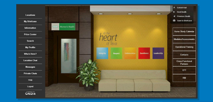 A screenshot of the homepage of a website called "The Heart of tea". The website has a modern and minimalist design with a yellow background and a white sofa in the center. On the left side of the image there is a menu bar with various options such as "Locations" "My Briefcase" "Information" "Prize Center" "Search" "Profile" "Who's Here?" "Location Chat" "Messages" "Private Chat" and "Help". On the right side there are options for "Home Study Calendar" "Operational Training" "Contact" "Cross-Functional Partners" "CFT" "RM" "lookout" etc. At the top of the page there has a navigation bar with links to different sections of the website.