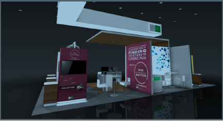 A 3D rendering of a trade show booth. The booth is divided into two sections with the left side having a purple banner with white text and a logo. The right side has a white banner with a blue and white abstract design. There are two white tables and chairs in front of the booth and a computer monitor on one of the tables. The background is black and there is a white ceiling with a green sign above it. The overall design is modern and minimalist.