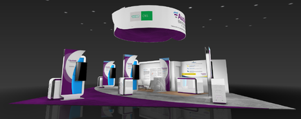 A 3D rendering of a trade show booth with a purple and white color scheme. The booth is set up on a grey carpeted floor with a black background. In the center of the booth there is a large white circular banner with a green and blue logo on it. Above the banner there are several smaller banners in different colors - purple blue and white. On the left side of the image there appears to be a large screen displaying information about the booth's products. The banners are arranged in a way that creates a visually appealing display. The overall design is modern and professional with a focus on technology and innovation.
