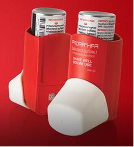 A red-colored asthma inhaler with two cans of inhaler in it. The inhaler is cylindrical in shape and has a white cap on top. The cans are silver in color and have a label on them with the brand name "friar HFA" written in bold black letters. The label also has a arcade and the words "Shake well before use" written on it indicating that the inhaler can be used to treat asthma. The background is a solid red color.