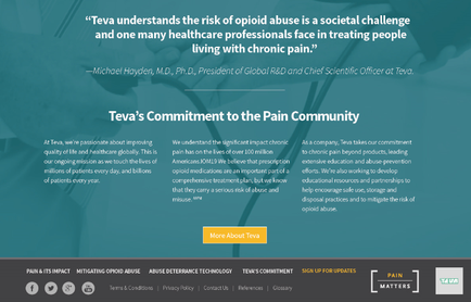 A screenshot of the homepage of a website called "tea's Commitment to the Pain Community". The website has a blue background with white text. The title of the website is written in bold capital letters at the top of the page. Below the title there is a quote from Michael Hayden MD Ph.D. President of Global R&D and Chief Scientific Officer of tea. The quote reads "tea understands the risk of opioid abuse is a societal challenge and one many healthcare professionals face in treating people living with chronic pain." The page also has a brief description of the company's commitment to the pain community which states that it is a company that provides support and resources to those affected by opioid abuse. At the bottom of the image there are several buttons for users to navigate through the website such as "Home" "About" and "Sign Up for Updates".