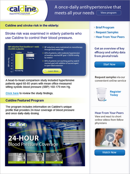 A screenshot of the homepage of a website called "calcine". The website has a blue and white color scheme with the logo of the company at the top. Below the logo there is a banner that reads "A once-daily antihypertensive that meets all your needs". On the left side of the page there are three sections. The first section is titled "Stroke risk was examined in elderly patients who use calcine to control their blood pressure". The second section has a graph that shows the risk of stroke and stroke risk in the elderly. The third section has an image of a blood pressure monitor and a glass of water. The fourth section has information about the 24-hour blood pressure coverage program. At the bottom of the image there has a button that says "Register Today" and a link to register for the program. There is also an image on the bottom right corner that says the program includes information on callie's unique profile and 24 hour coverage of blood pressure.