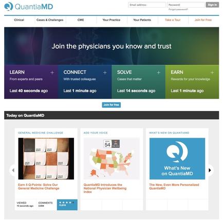 A screenshot of the homepage of a website called quantum. The website has a blue and white color scheme with the company's logo at the top. Below the logo there is a banner that reads "Join the physicians you know and trust". At the top of the page there are several tabs for different sections of the website including "Learn" "Connect" "Solve" and "Earn". There are also options for "Last 40 seconds ago" "Last 1 minute ago" and more options for the user to earn rewards for their knowledge". The main content of the webpage is divided into three sections. The first section is titled "Today on quantum" and has a photo of a person's face on the left side. The second section has an image of a map of the United States with different colors representing different regions. The third section has a section titled "General Medicine Challenge" and a section labeled "Add Your Voice". The fourth section has the logo of quantum and the text "What's New on quantum".