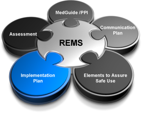 A data visualization in the form of a puzzle. The central piece which connects to every other piece is "REMS" (that is Risk Evaluation and Mitigation Strategies). The other pieces are  "MedGuide / PPI" "Communication Plan" "Elements to Assure Safe Use" "Implementation Plan" and "Assessment" (going clockwise from the top). Those pieces of contiguous to each other but do not connect with any other puzzle pieces. The background is white with puzzle pieces in gray silver and blue with text in white and black.