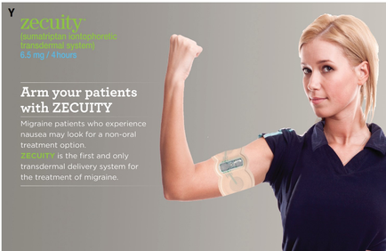 A young woman with blonde hair wearing a black polo shirt flexing her bicep with a medical device attached to her arm. The device appears to be a security which is a device used to treat migraine patients who experience nausea may look for a non-oral treatment option. The text on the image reads "Arm your patients with security" and mentions that the device is the first and only transdermal delivery system for the treatment of migraine.