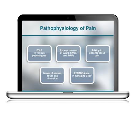 A digital illustration of a laptop screen displaying the title "Pathophysiology of Pain". The laptop is silver in color and has a black bezel. On the screen there are six rectangular boxes arranged in a grid-like pattern. Each box has a title and a brief description of the topic. The first box is labeled "BTCP in various patient types" and contains information about the topic such as "Appropriate use of LAOS SARS-CoV-2 and tires". The second box is titled "Talking to patients about pain". The third box is labelled "Issues of misuse abuse and diversion". The fourth box is listed as "mentor use in managing BTCP". Overall the image is related to the topic of Pathophysiology and pain.