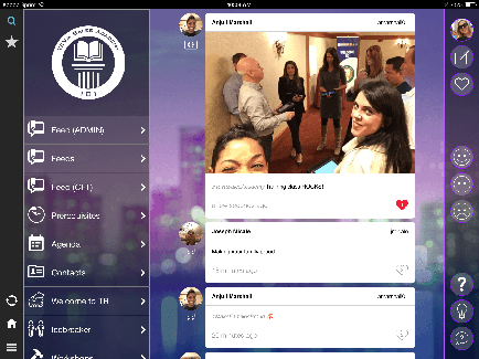 A screenshot of a mobile phone screen with a purple background. On the left side of the screen there is a menu bar with various options such as Feed (admit) Feed (CFT) Prerequisites Agenda Contacts Welcome to TR Icebreaker and Workshops. Below the menu bar there are two profile pictures of a group of people one of whom is a woman with long dark hair and the other is a man with short dark hair. The woman is smiling and the man is looking at her with a serious expression. On the top right corner of the image there appears to be a photo of a man and a woman standing in front of a crowd of people. The man is holding a microphone and the woman is looking away from the camera. The background is blurred but it seems like they are in a conference room or a meeting room.