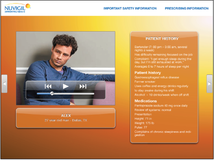 A screenshot of the vigil website which provides important safety information and prescribing information. On the left side of the image there is a photo of a young man with curly hair and a serious expression on his face. He is wearing a blue shirt and is sitting on a couch. The background is orange and the text on the right side is white. The text reads "Patient history" and "Medications". Below the photo there are two buttons - "Alex" and a play button - which are likely used to play the video. The website's logo is also visible in the top left corner.