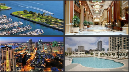 A collage of four different photographs of a luxurious hotel. The first photograph on the top left shows a beautiful view of a marina with several boats docked in the water. The marina is surrounded by lush greenery and trees and there is a small island in the center of the image. The sky is blue and there are a few clouds in the background. In the top right photograph the lobby of the hotel is visible with a large chandelier hanging from the ceiling. The lobby is decorated with ornate furniture and plants and the floor is covered with a patterned rug. The pool in the bottom left photograph is a stunning view of the city at night with tall buildings and skyscrapers lit up with colorful lights. The city appears to be bustling with activity with people walking around and enjoying the view.