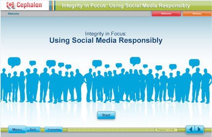 A screenshot of a webpage from the website cephalic. The webpage is titled "Integrity in Focus: Using Social Media Responsibly". The background of the webpage is white and there is a large group of blue silhouettes of people in the center. The silhouettes are arranged in a way that they form a line with speech bubbles above them. At the top of the page there is text that reads "Integrating in Focus" and below the text there are buttons for "Menu" "Exit" "Transcript" and "Start". The page appears to be a tutorial or guide on how to use social media responsibly.