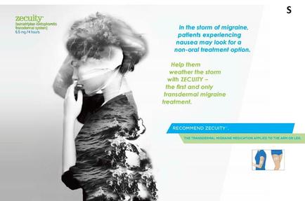 A black and white photograph of a woman with her head in her hands. She appears to be in distress with her eyes closed and her mouth slightly open. The background is blurred but it seems to be a cloudy sky. On the right side of the image there is text that reads "In the storm of migraine patients experiencing nausea may look for a non-oral treatment option. Help them weather the storm with security - the first and only transdermal migraine treatment." Below the text there are two icons - one is a blue circle with the letter "S" and the other is a green circle with a white arrow pointing to the right. The text is written in a modern sans-serif font.