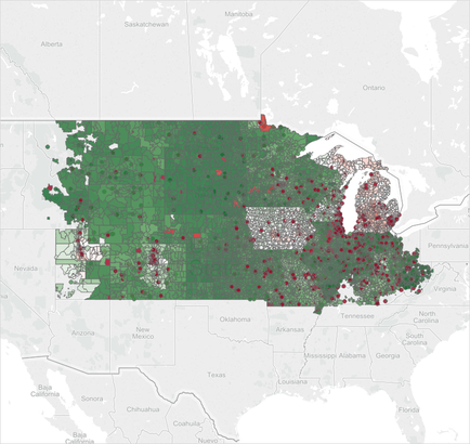 This is a color-coded map of the Midwestern United States (Illinois Indiana Iowa Kansas Michigan Minnesota Missouri Nebraska North Dakota Ohio South Dakota and Wisconsin) plus parts of Colorado Idaho Kentucky Montana Utah Wyoming. The location of counties (by lines drawn) and major cities (as red dots) are indicated. Individual counties are colored in various shades of green but the significance of that is not stated.