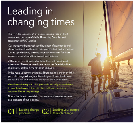 A group of people on a sailboat at sunset. The sky is orange and the sun is setting casting a warm glow over the horizon. The boat is sailing on the water with the sails billowing in the wind. The people on the boat are silhouetted against the sky and they appear to be enjoying the view. The image is accompanied by text that reads "Leading in changing times" and "The world is changing at an unprecedented rate and will continue to get more volatile uncertain complex and ambitious puca world."