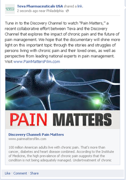 A screenshot of a Facebook post from tea Pharmaceuticals USA. The post is titled "Pain Matters" and has a blue background with white text. The title of the post is written in large bold letters at the top of the page. Below the title there is an image of a neuron with green light emanating from it. The neuron appears to be in motion as if it is interacting with the viewer. The text below the image reads "Tune in to the Discovery Channel to watch 'Pain Matters' a recent collaborative effort between tea and the Discovery channel explores the impact of chronic pain and the future of pain management. We hope that the documentary will shine more light on this important topic through the stories and struggles of people living with chronic pain. That's more than 100 million American adults live with chronic chronic pain according to the Institute of Medicine the high prevalence of chronic diseases and the Institute for Medicine. It is not being adequately managed. Undertreatment of chronic conditions."