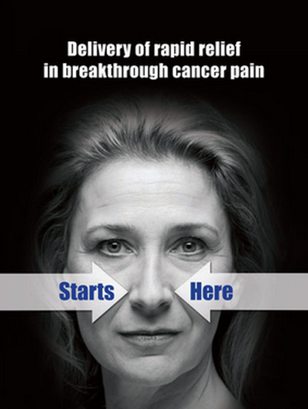 A black and white portrait of a middle-aged woman's face. She appears to be in her late 40s or early 50s with shoulder-length blonde hair. Her expression is serious and her eyes are looking directly at the camera. There are two arrows pointing towards her face one labeled "Starts" and the other labeled "Here". Above her head there is text that reads "Delivery of rapid relief in breakthrough cancer pain". The background is plain black.